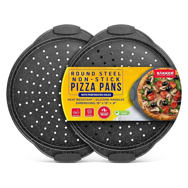 Bakken Pizza Baking Pan - Round Perforated Carbon Steel Pan with Non-Stick Marble Coating, Oversized Silicone Handle, Dishwasher Safe, High-Temperature Resistant, Durable & Easy Cleanup Gray, 2 Pack