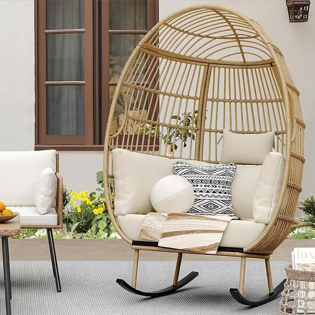YITAHOME Outdoor Rocking Egg Chair, Wicker Patio Rocking Basket Chair with 370lbs Capacity, All-Weather Oversized Egg Lounger Chair for Indoor Living Room Outside Balcony Backyard - Beige