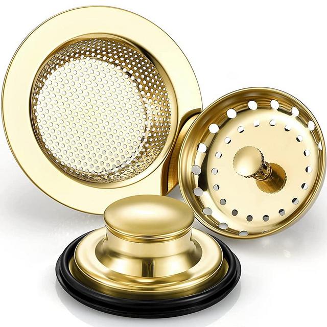 3 Pieces Kitchen Sink Stopper Strainer Garbage Disposal Plug, Stainless Steel Universal Anti-Clogging Kitchen Sink Filter Sieve Basket Strainer, Wide Rim for Kitchen Sink Drain (Light Gold)