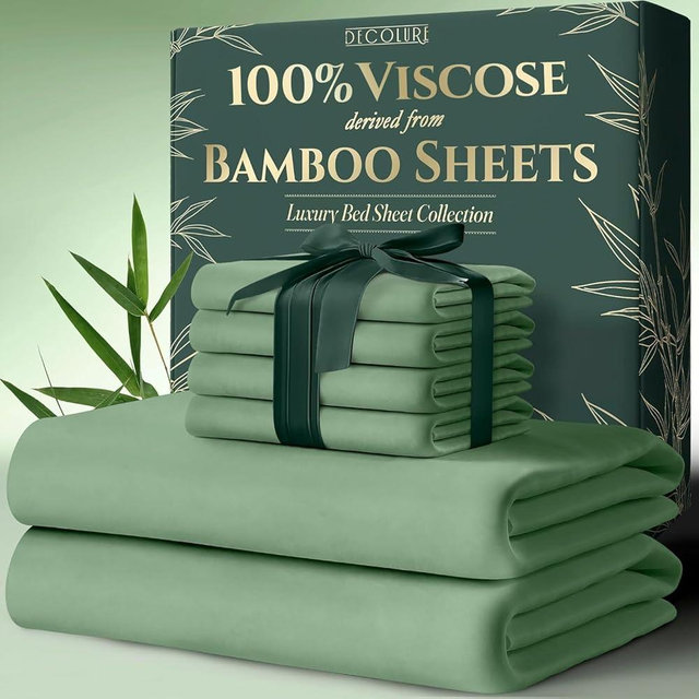 DECOLURE 100% Viscose Derived from Bamboo Sheets Cal King Size 6pcs - Ultra Soft & Luxuriously Cooling, 17" Deep Pocket,Double Stitching,Perfect for Hot Sleepers - King Bed Sheets (Sage Green)