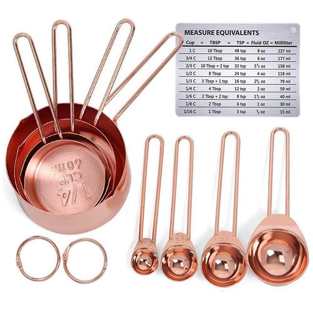Copper Stainless Steel Measuring Cups and Spoons Set of 8 Engraved Measurements, Pouring Spouts & Mirror Polished for Baking and Cooking Include Magnetic Measurement Conversion Chart by KAISHANE