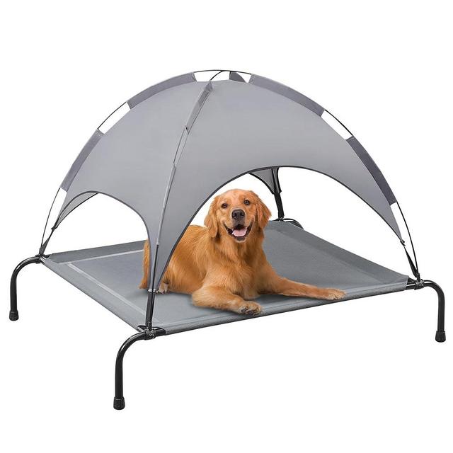 PRAISUN XL Outdoor Dog Bed with Canopy, Elevated Dog Bed, Textilene Mesh, Metal Frame for Indoors, Outdoors, Lawn, Dark Grey