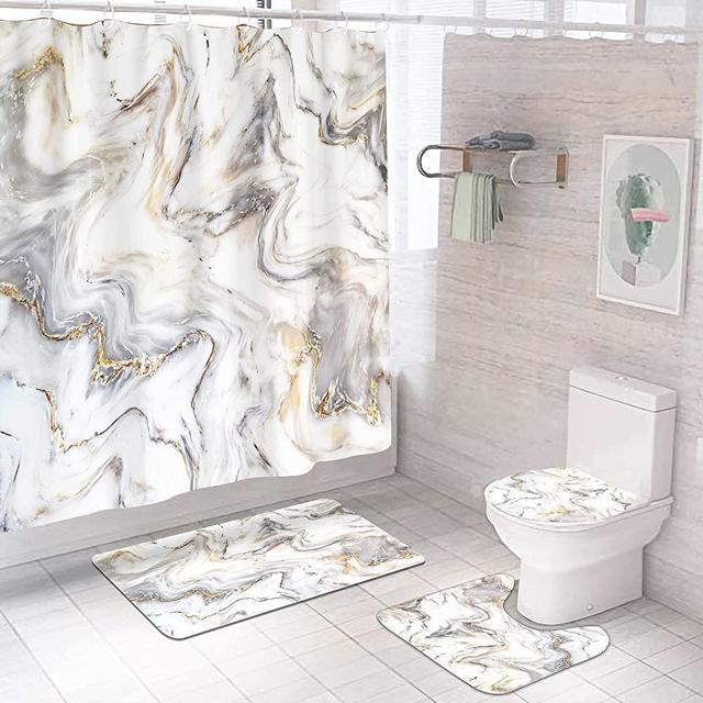 4 Pcs Marble Shower Curtain Sets with Non-Slip Rug, Toilet Lid Cover and Bath Mat, Shower Curtain Marble with 12 Hooks, ​Marble Bathroom Decor Sets with Shower Curtains and Rugs