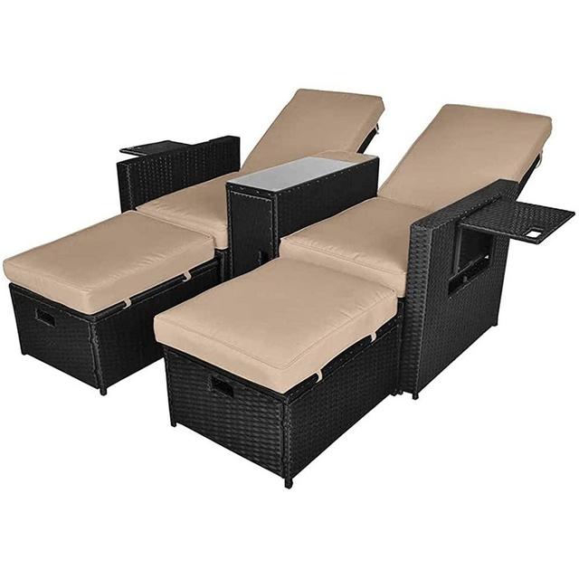 VUYUYU 5PCS Outdoor Wicker Chaise Lounge Chair - Rattan Adjustable Reclining Patio Lounge Chair with Ottoman and Coffee Table, for Patio Beach Pool Backyard (Black Wicker Khaki Cushion)