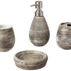 MyGift 4 Pc Line Textured Dark Brown Ceramic Soap Dish, Soap Dispenser, Toothbrush Holder & Tumbler Bathroom Set