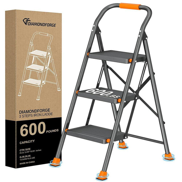 Step Ladder Foldable Folding Stool - for Home Adults Kitchen 3 Stepping Extension Tall Heavy Duty with Handrails - Closet Stepstool Stair Ladders Extendable Stepladder for Indoor House 600Lbs