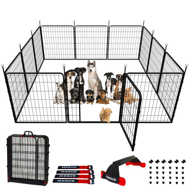 IGOOUO Dog Play Pen Indoors/Outdoor,32'' Portable Dog Fence with Easy-Carry Straps,12 Panels Dogs Pen Play Pen for Medium/Large Dogs,Rustproof Metal Pet Playpen for Camping RV Yard (with Two Doors)