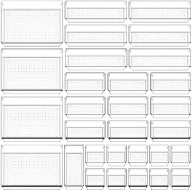 30 PCS Clear Plastic Drawer Organizer Set, Non-Slip/Crack Bathroom Vanity Drawer Organizer Trays Dividers, Versatile Storage Bins for Makeup, Jewelry and Office, Desk, Bathroom, Bedroom, Kitchen