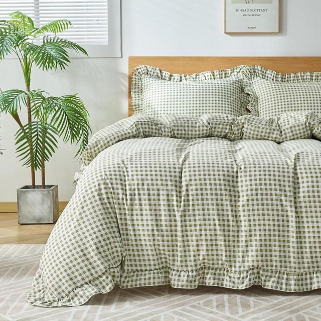 kisswish Gingham Duvet Cover King Size, 3 Pieces Soft Breathable Microfiber Plaid Comforter Cover with Zipper Closure & 2 Pillow Shams, Ruffle Farmhouse Vintage Decor, Sage Green