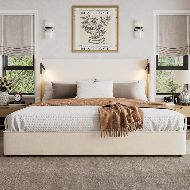 Christopher Knight Home Angelo Wood Upholstered Platform Bed with Headboard and Reading Lamp, White, King