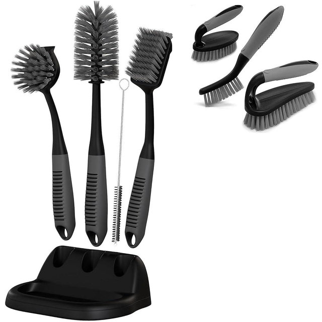 Dish Brush Set of 5 with Convenient Holder, Bottle Water Brush, Dish Scrub Brush, Scrubber Brush and Straw Brush+ Scrub Brush Set of 3pcs- Cleaning Shower Scrubber, Grout Cleaner Brush, Scrub Brushes