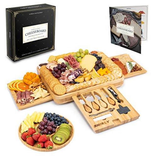 Smirly Cheese Board and Knife Set: 16 x 13 x 2 Inch Wood Charcuterie Platter for Wine, Cheese, Meat