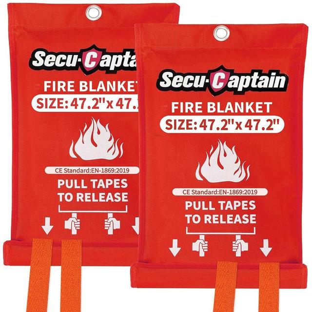 SecuCaptain Emergency Fire Blanket for Home - 2 Pack 47.2"x47.2" Large Flame Retardant Blankets with Fireproof Tabs for House Camping Kitchen Fire Protection Survival Safety