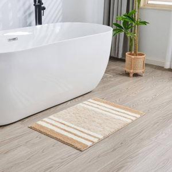 CozeCube Beige Striped Bath mats for Bathroom Non Slip, Fluffy Absorbent Microfiber Bath mat Washable, Aesthetic Bathroom Rugs, Large Bath mat for Sink, 36" x 24"