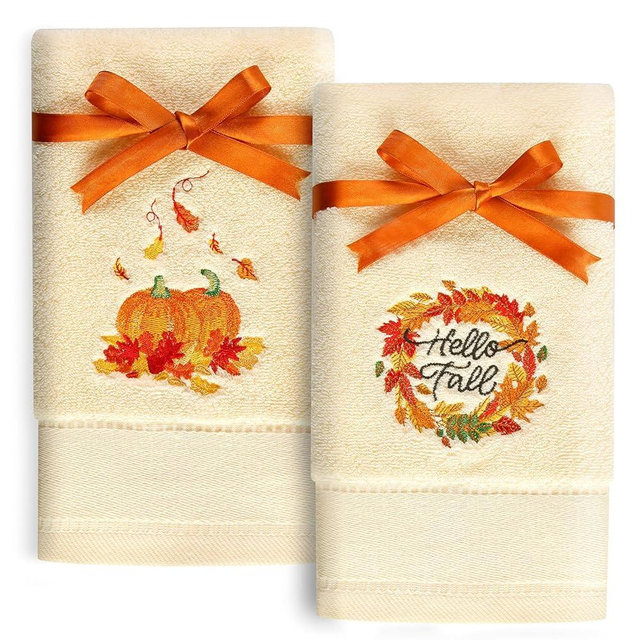 Quera 2 Pack Fall Hand Towels Autumn Pumpkin Thanksgiving Embroidered Premium Luxury Decor Hello Fall Bathroom Decorative Dish Set for Drying Cleaning, Cooking 13.7 "x 29.5"