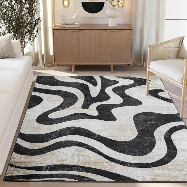 Beige Black Swirl Modern Area Rug – 4' x 6' – Contemporary Abstract Design – Terra Collection – Non-Shedding, Fade-Resistant, Easy to Clean – Durable for High Traffic Areas – Living Room & Bedroom