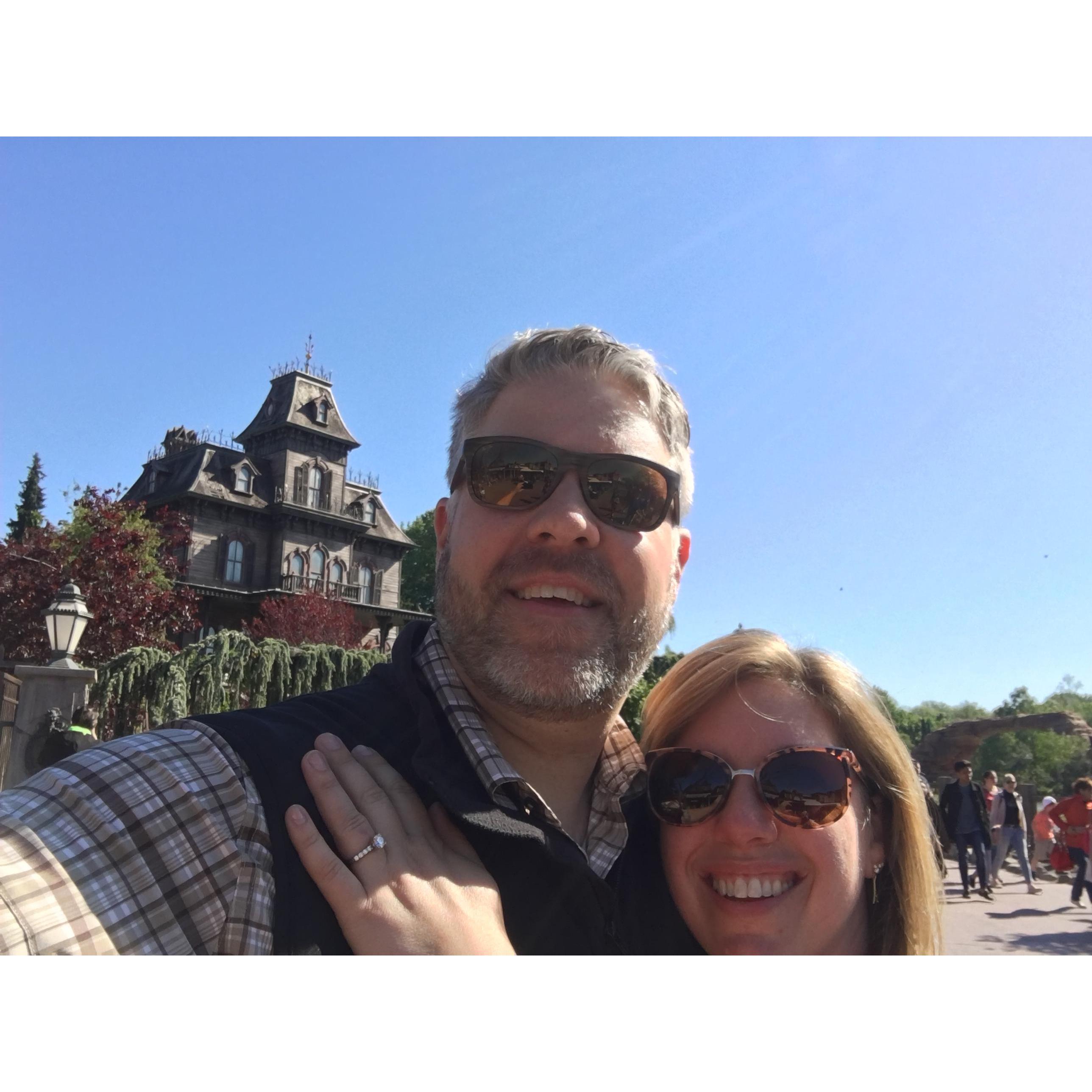 Moments after we got engaged, just outside the Phantom Manor ride in Disneyland Paris!