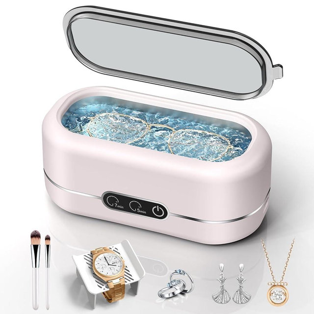 BYASKZIV Ultrasonic Jewelry Cleaner, Upgraded 48KHz Ultrasonic Cleaner Machine with 304 Stainless Steel for Jewelry, Eyeglasses, Rings, Dentures, Watch Strap（Light Pink）