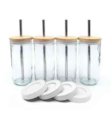 Elk and Friends Glass Mason Jars 24oz with Bamboo Straw Lids + Stainless Steel Straws | Smoothie + Iced Coffee + Bubble Tea Cups | Glass Cups with Lids and Straws