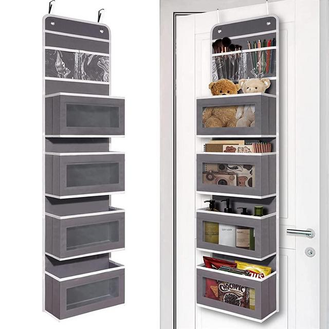 Over Door Organizer Storage, Wall Mount Hanging Organizer with 4 Large Capacity Pocket Organizers for Closet Bathroom Nursery Bedroom Dorm, for Toys Cosmetics Sundries and Baby Essentials, Grey