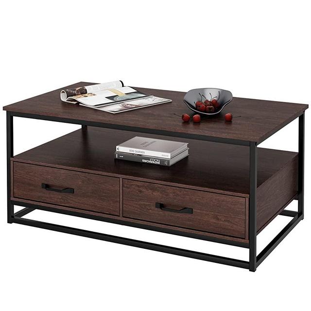 Coffee Table for Living Room, 43” Wooden Cocktail Table with Storage Shelf and 2 Drawers, Rustic Center Table for Home Office, Cherry
