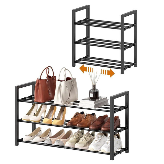 Roylvan 3-Tire Expandable Shoe Rack for Closet, 17"-31" Adjustable Free Standing Shoe Shelf Storage Fits 6-12 Pairs Shoes, Heavy Duty Reinforced Metal Shoes Organizer for Entryway Doorway Dorm