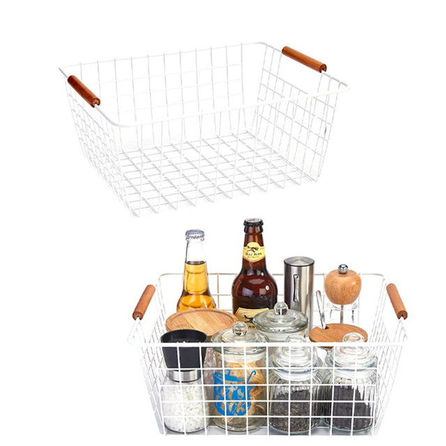LeleCAT Large white wire baskets with Wooden Handles for storage pantry, Storage Organizer Baskets, Household Refrigerator for Cabinets, Closets, Bedrooms, kitchen - Set of 2（White）