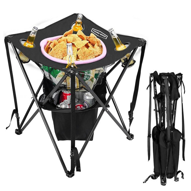 YOUNG WOOD Camping Table Folding Picnic Table with 4 Cup Holders, Cooler and Carrying Bags Collapsible Canvas Portable Tables Folding for Outdoors, Beach, Hiking and Tailgating, Black