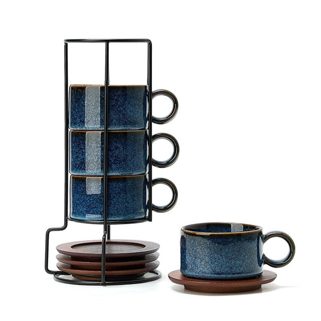 LUKA 6 Ounce Porcelain Stackable Espresso Cups with Saucers and Metal Stand Set of 4, Ceramic Cappuccino Cups Set for Specialty Coffee Drinks, Latte, Cafe Mocha and Tea, Reactive Blue