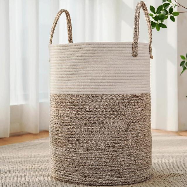 JMvicyroam Large Woven Laundry Basket Hamper,80L Cotton Rope Storage Bin for Blankets,Toys and Clothes,Decorative Tall Nursery Hamper for Living Room,Baby Nursery,Bathroom and Bedroom,Brown