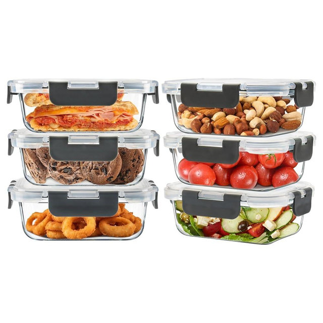 SOACOAKO 6pack 12oz Small Glass Meal Prep Containers, Glass Food Storage Containers with Snap Leak Proof Lids, Microwave, Freezer and Dishwasher Safe (Grey, 12oz)