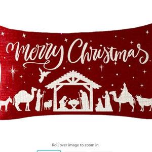 NIDITW Winter Blessed Merry Christmas Oh Holy Night Jesus Snowflake Cotton Linen Decor Lumbar Throw Pillow Cover Cushion Case for Farmhouse Sofa Waist 12x20 Inches (1-Red)