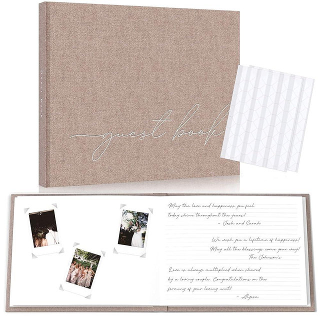 Wedding Guest Book With Clear Photo Corners Self Adhesive Stickers - Linen Photo Guestbook to Sign at Bridal Shower or Wedding Reception Party - 100 Pages - Half Blank and Lined Thick Paper Books