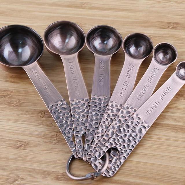 Lucky Plus 6pcs Copper Plated Stainless Steel Measuring Spoons Set Heavy Duty 6 Measurer Spoons and 1 Ring