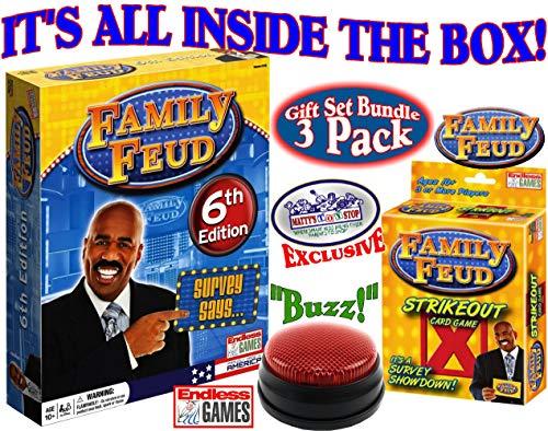 Endless Games Family Feud 6th Edition Set Bundle Includes Strikeout Card Game, Electronic Red 3-Mode Game Answer Buzzer and Count Down Timer