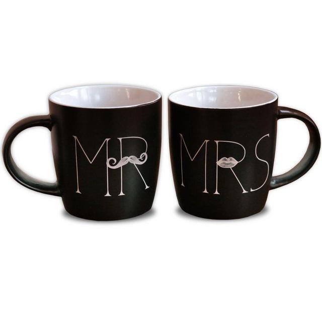 Mr and Mrs Ceramic Coffee Mug, Matte Black (Set of 2)