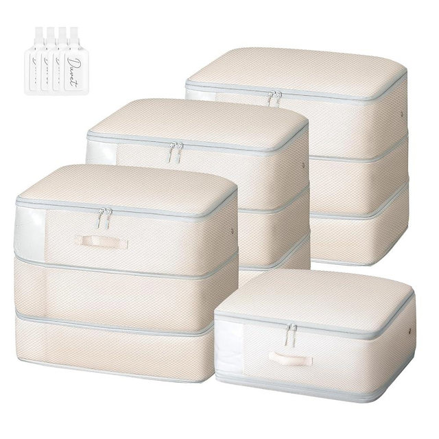 Easortm Comforter Storage Bag - Large Capacity Blanket Storage Bags 3-Layer Ultra Space Saving Self Compression Organizer, Washable Compression Bags for Storage Comforter Blanket, 4-Pack, Beige