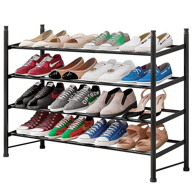 YIZAIJIA Shoe Rack Expandable Stackable 4 Tier Metal Cloest Shoe Shelf Storage Organizer for Door Entryway Hallway Bedroom 12 -16 Pair ,Black