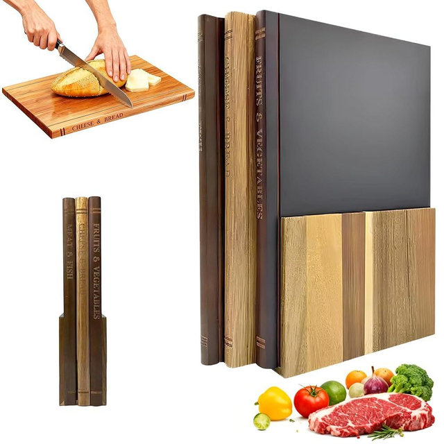 MACTANO Book Cutting Board Set, Wooden Kitchen Book Shaped Cutting Board with Stand