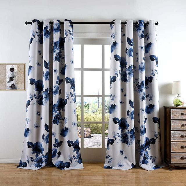 Taisier Home 95 Inch Grommet Room Darkening Window Curtain Drapes, Chinese Traditional Ink Painting Stylized Leaves and Flower,Artwork,Deep Blue Print Curtains for Living Room Bedroom and Nursery