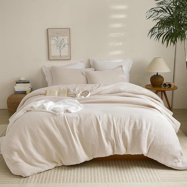 PHF Cotton Muslin Comforter Set Queen Size, Breathable Lightweight Super Soft Bedding Sets for All Season,3 Pieces, 1 Comfy Comforter (90"x90"), 2 Pillow Shams(20"x26"), Natural