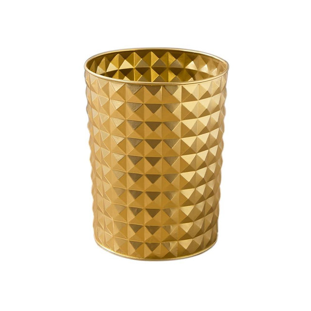 Venalys Small Round Metal Trash Can Wastebasket, Decorative Diamond Pattern Garbage Can Waste Paper Bin, Modern Farmhouse Round Trash Bin for Bathroom, Bedroom, Kitchen and Office (Gold)