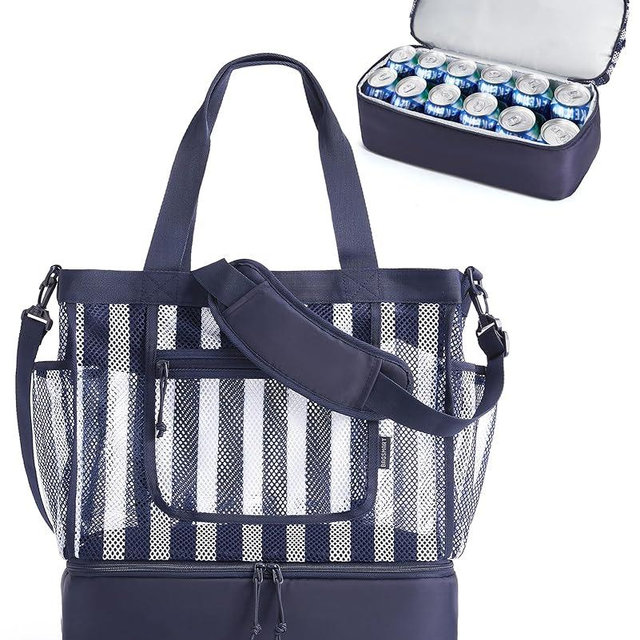 BAGSMART Beach Bag for Women, Mesh Tote Bags with Zipper, Sandproof Vacation Essentials with Cooler for Swim Cruise Pool