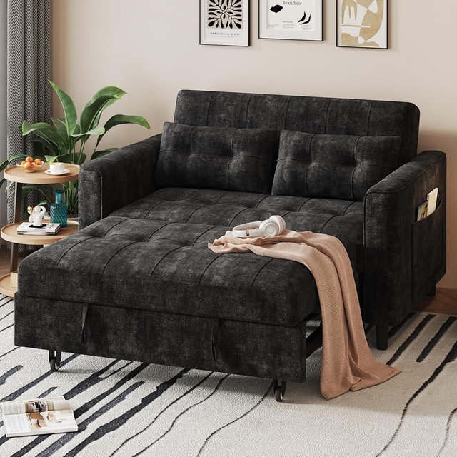 3 in 1 Convertible Sleeper Sofa Bed, Pull Out Couch Bed with Adjustable Backrest, Chenille Loveseat Couches with Side Pocket for Living Room, Bedroom, Black