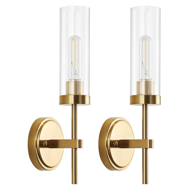 WILON Gold Wall Sconces Set of 2, Vanity Lights for Bathroom Sconces Wall Lighting with Clear Glass Shades, Vintage Antique Brass Wall Lamp for Mirror Bedroom Living Room Bedside Hallway