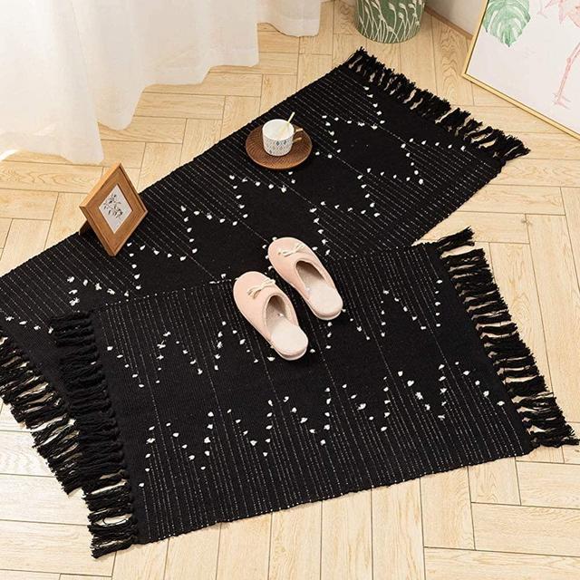 Tassels Boho Area Rug Set 2'x3'+2'x4.3', Hand Woven Rug for Bedroom, Black