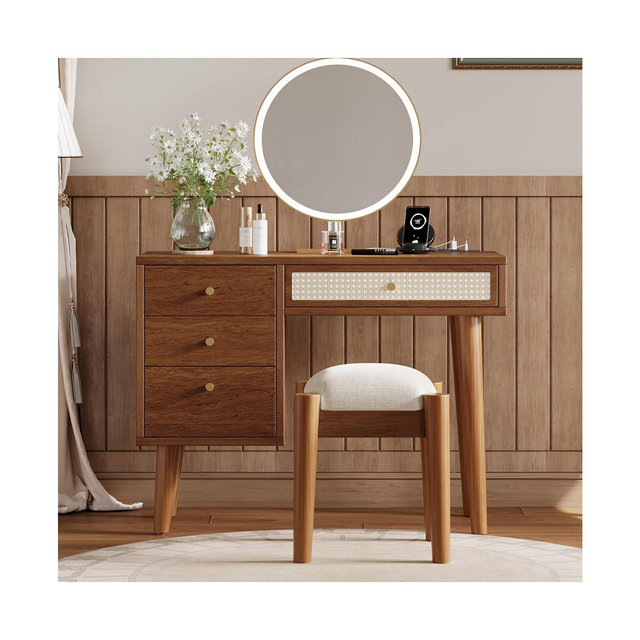 Streamdale Furniture 39" Retro Bohemian Style Wooden Makeup Vanity Set with Charging Plug&USB Port and Stool, Dressing Table with 3 Storage Drawers and 1 Rectangular Rattan Drawer, Walnut