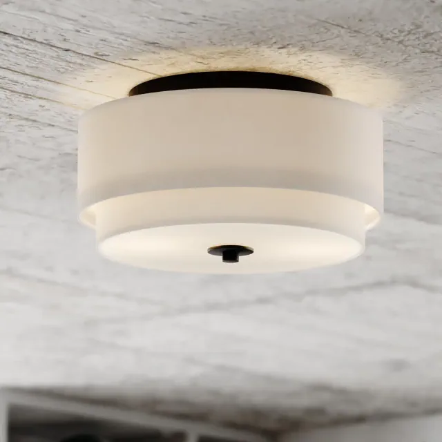 VAXCEL Burnaby 13-in W Mid-Century Modern Flush Mount Ceiling Light Fixture White Fabric Drum Shade, Black