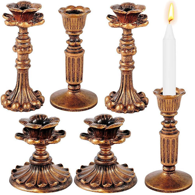 6 Pcs Vintage Candlestick Holders Taper Resin Candle Holder Retro Bronze Antique Candle Holder Floral Decorative Candle Sticks for Wedding Anniversary Table Fireplace Home Decoration