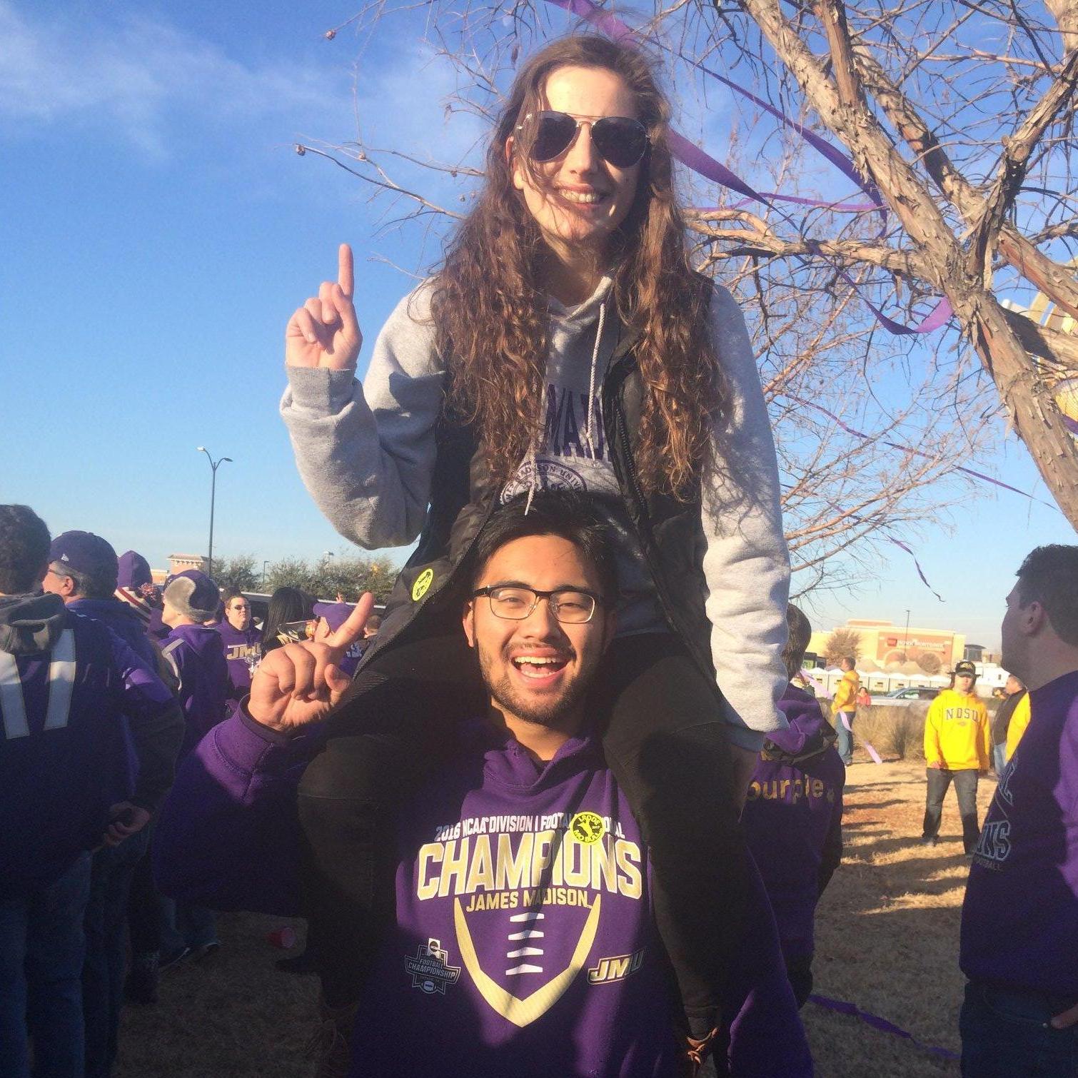 Cheering JMU football down in Frisco, TX in January 2018.